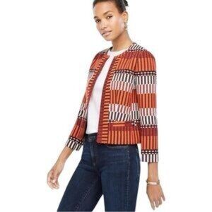 Ann Taylor Mala Stripe BurgundyTapestry Cotton Blend Geometric Crop Jacket